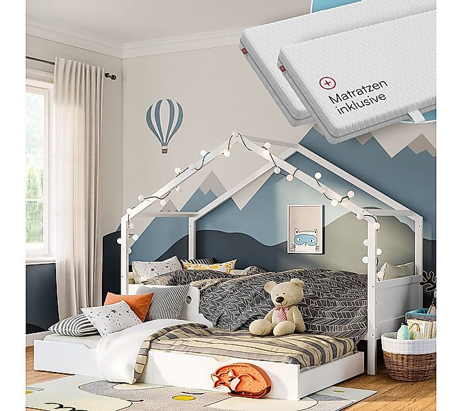 Bellabino Hausbett Bela 90x200 cm aus Massivholz Kiefer (weiß, inkl. Gästeb günstig online kaufen