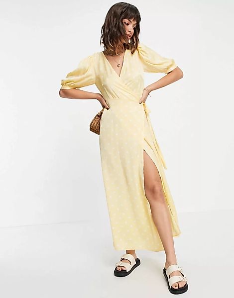 Vila – Midi-Wickelkleid in Gelb mit weißen Punkten-Mehrfarbig günstig online kaufen