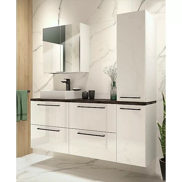 Badezimmer Set in weiß Hochglanz mit Metallgriffen in schwarz und Waschtisc günstig online kaufen