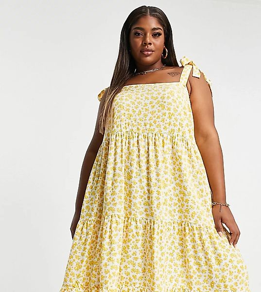 New Look Curve – Gestuftes Minikleid mit gebundenen Trägern und Blumenmuste günstig online kaufen