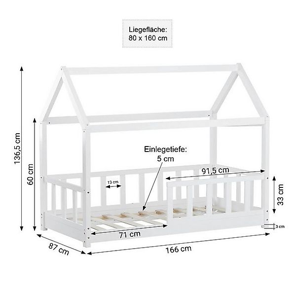 Homestyle4u Kinderbett 80x160 cm Hausbett Bodenbett Holzbett Weiß Kleinkind günstig online kaufen