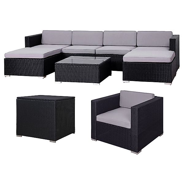 Svita Lugano XL Gartenlounge Polyrattan Sessel Tisch Bank Kissenbox Schwarz günstig online kaufen