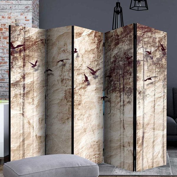 Hoher Paravent in Beige und Braun Vogel Motiv günstig online kaufen