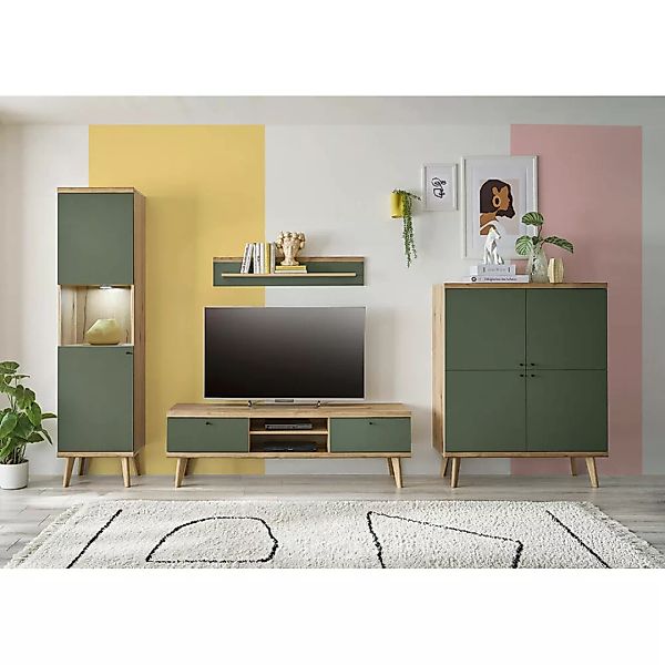 TV-Wand in Eiche mit grün AVEZZANO-61 Modern 4-teilig günstig online kaufen