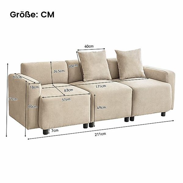 KLAM HOME Sofa 3-Sitzer Sofa mit 2 Zierkissen, 1 Teile, Moderne Sofa Polste günstig online kaufen