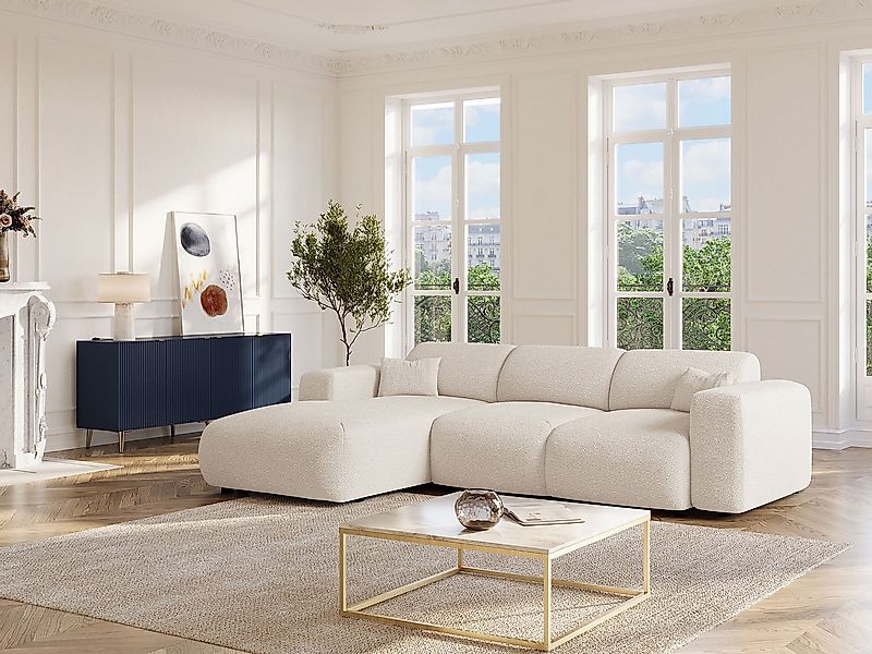 Großes Ecksofa mit Schlaffunktion – Ecke links – Bouclé-Stoff – Weiß – POGN günstig online kaufen