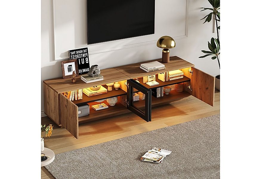 MODFU Lowboard Fernsehschrank 180x45x40 cm mit LED und 4 Türen, Naturholz/S günstig online kaufen