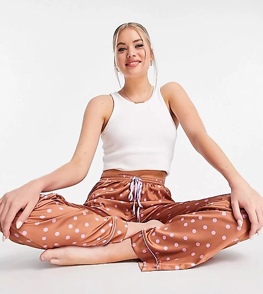 ASOS DESIGN Tall – Mix & Match – Satin-Pyjamahose in Braun mit fliederfarbe günstig online kaufen