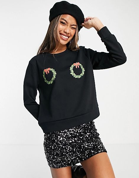Only – Christmas – Sweatshirt in Schwarz mit Weihnachtskränzen günstig online kaufen