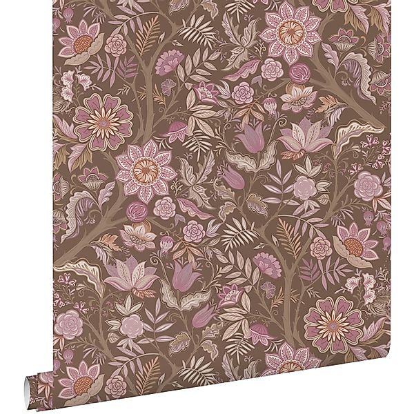 ESTAhome Tapete Blumenmuster Aubergineviolett und Graugrün 50 x 900 cm günstig online kaufen