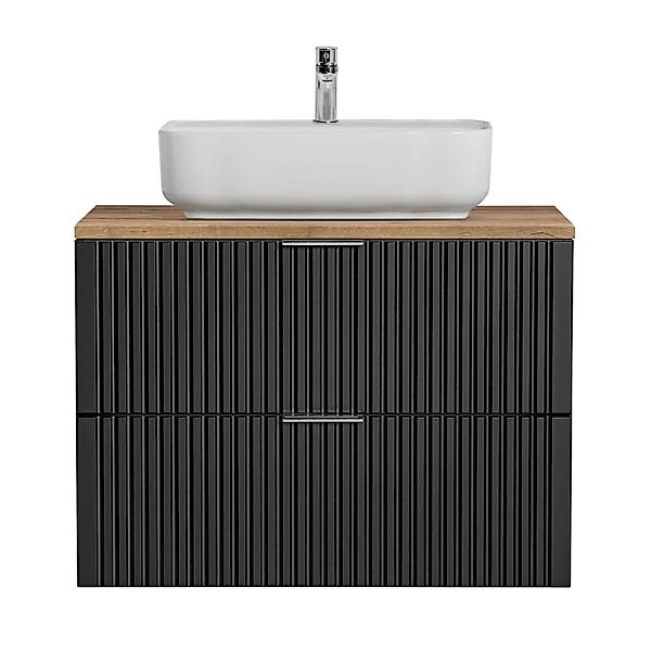 Badezimmer Waschtisch, 81cm, mit Aufsatzbecken, matt schwarz mit Eiche Nb., günstig online kaufen