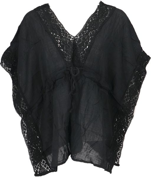 Guru-Shop Longbluse Kurze Kaftanbluse mit Spitze, günstig online kaufen
