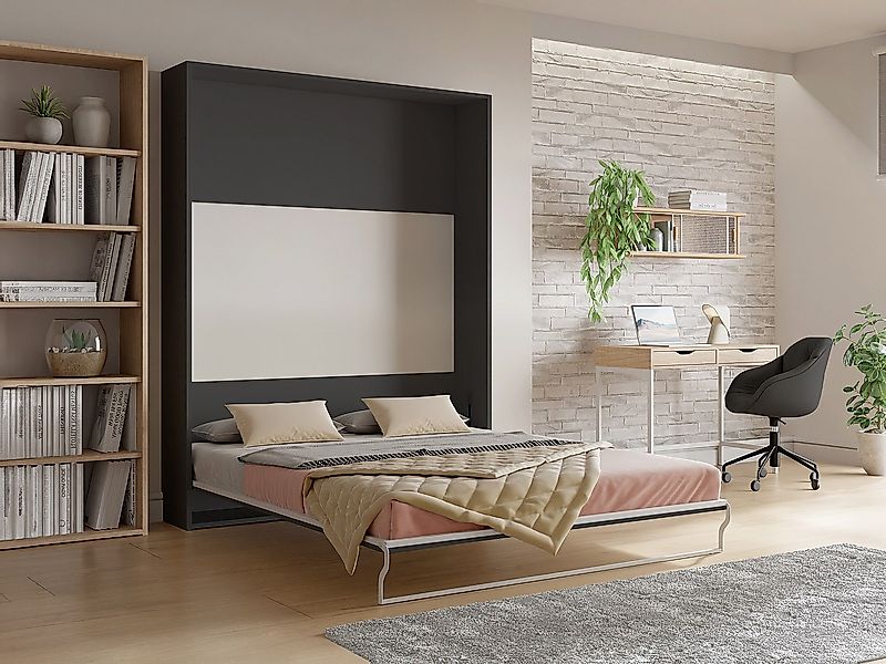 Schrankbett - 160 x 200 cm - Manuelle vertikale Öffnung - Anthrazit & Holzf günstig online kaufen