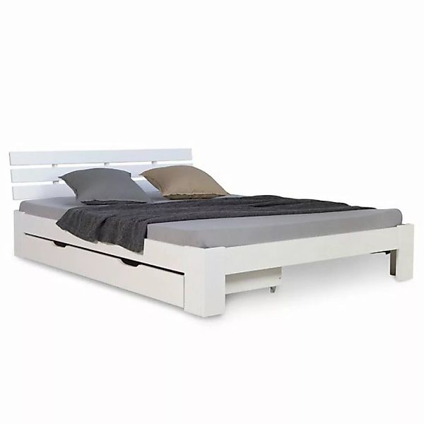 Homestyle4u Holzbett Doppelbett 140x200 cm Weiß inkl. Bettkasten Lattenrost günstig online kaufen