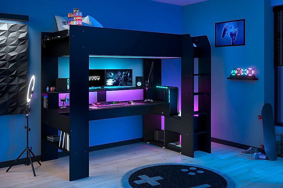 Parisot Hochbett »Gaming-Bett, mit Schreibtisch, USB Anschluss, LED, viel S günstig online kaufen