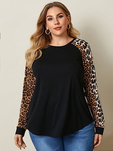 YOINS Plus Größe Rundhalsausschnitt Patchwork Leopard Langarm T-Shirt günstig online kaufen