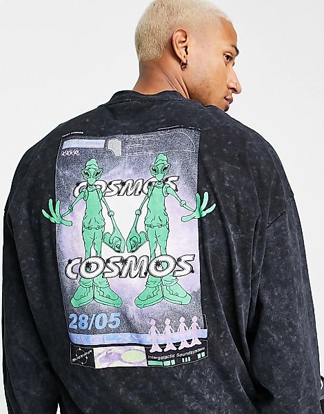 ASOS DESIGN – Langärmliges Oversize-Shirt in Acid-Waschung mit Alienprint a günstig online kaufen