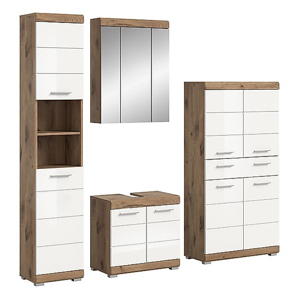 Badkombination Wave m. Spiegelschrank Weiß Hochglanz/Nox Oak 204 cm 4-tlg. günstig online kaufen