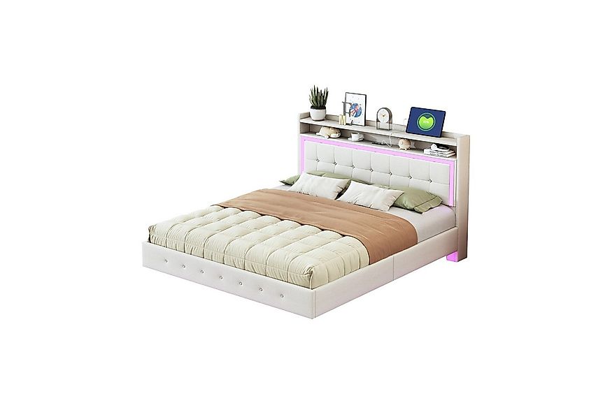 Flieks Polsterbett, LED Doppelbett 160x200cm mit USB-Laden und Stauraum am günstig online kaufen