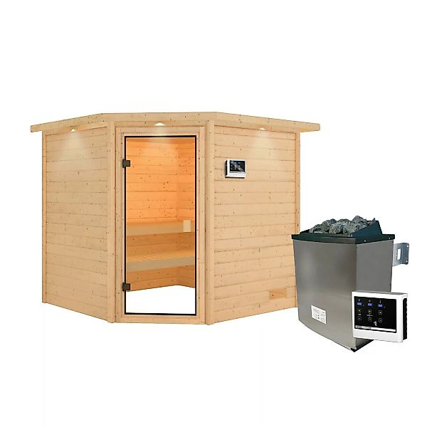 Karibu Sauna Tilda mit Kranz Set Naturbelassen mit Ofen 9 kW ext. Steuerung günstig online kaufen