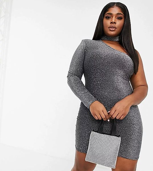 Fashionkilla Plus – Glitzerndes Minikleid mit One-Shoulder-Träger in Silber günstig online kaufen