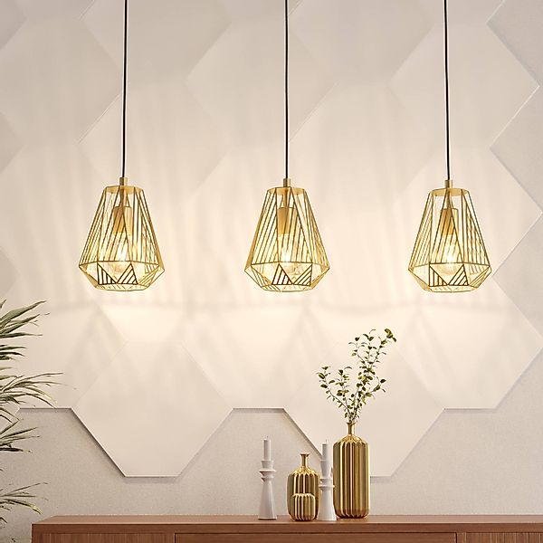 Hängelampe Stype, goldfarben, Länge 96 cm, Stahl, 3-flg. günstig online kaufen