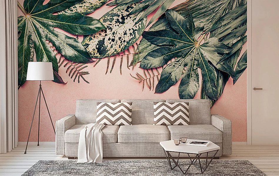 Fototapete Blätter Palmen Grün Rosa 3,50 m x 2,55 m FSC® günstig online kaufen