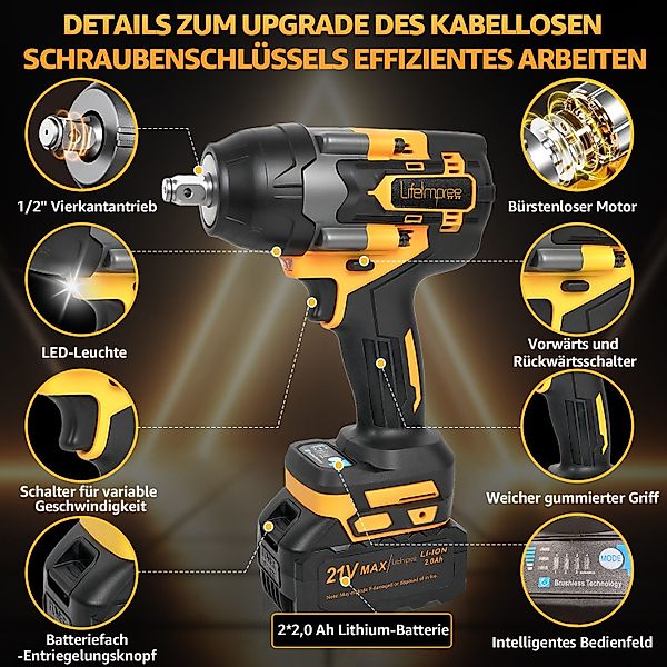 LifeImpree Akku-Schlagschrauber Schlagschrauber 1000Nm(740Ft-lbs), Bürstenl günstig online kaufen
