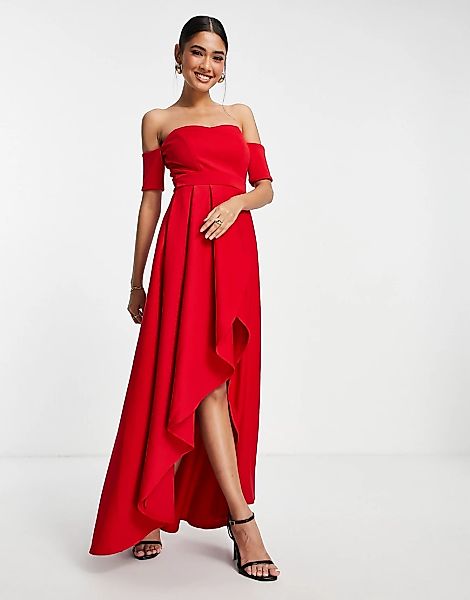True Violet – Schulterfreies Kleid in Rot mit hinten abfallendem Saum günstig online kaufen