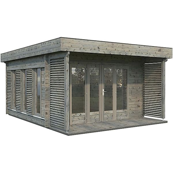 Palmako Caroline Holz-Gartenhaus Grau Flachdach Tauchgrundiert 434 cm x 390 günstig online kaufen