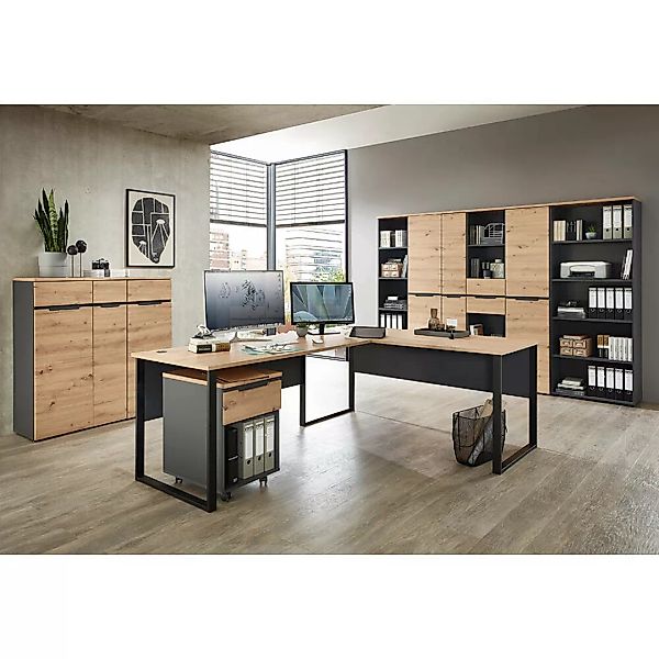 Büromöbel Set 9-teilig MANRESA-36 mit Winkelschreibtisch in graphit und Eic günstig online kaufen