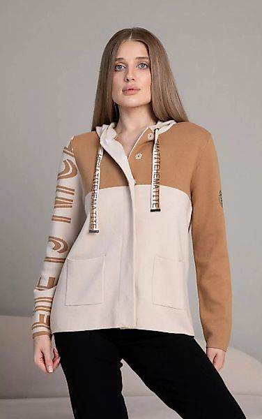 Passioni Kapuzenstrickjacke mit Reißverschluss in Kamel und Beige Farbblock günstig online kaufen