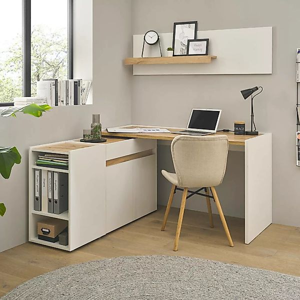 Büromöbel Set weiß mit Eiche CRISP-61 modern 4-teilig mit Schreibtisch günstig online kaufen