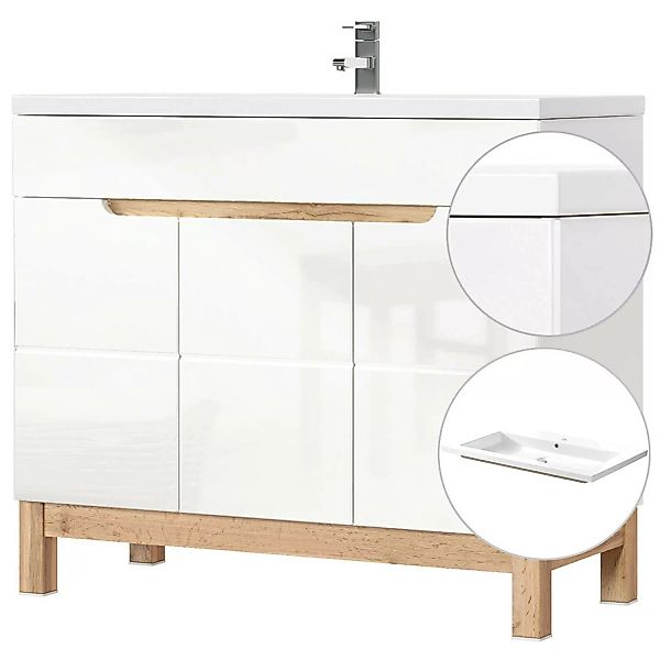 Waschtischunterschrank inkl. 100 cm Keramikbecken SOLNA-56 Hochglanz weiß, günstig online kaufen
