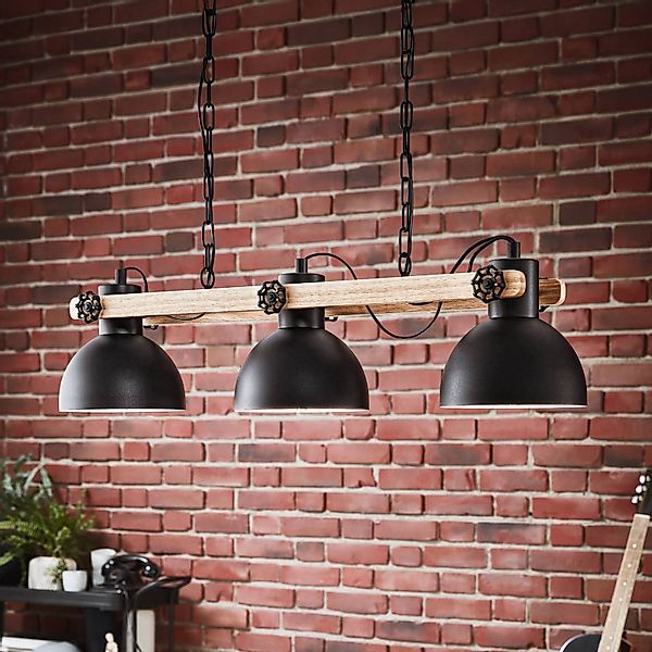 Hängelampe Lubenham, schwarz/holz hell, Länge 90 cm, 3-flg. günstig online kaufen
