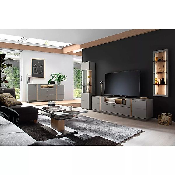 Wohnzimmermöbel Set SAVANNAH-05 in grau mit Eiche inkl. TV-Board mit LED Be günstig online kaufen