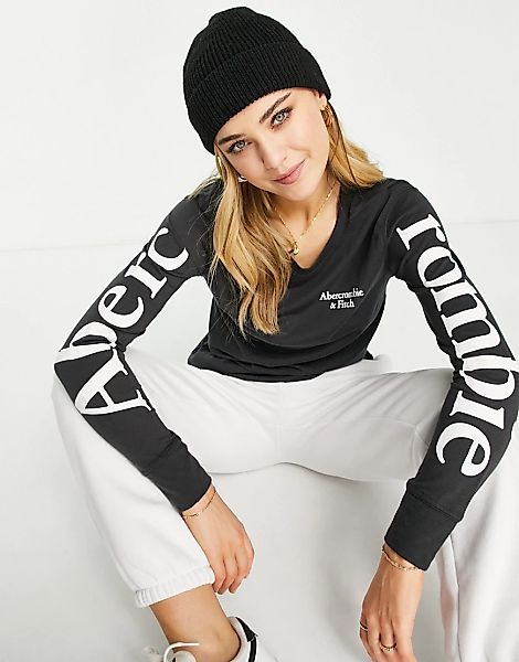 Abercrombie & Fitch – Langarm-Shirt in Open-Schwarz im Stil der 90er mit au günstig online kaufen