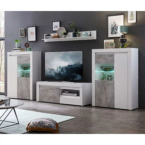 Wohnzimmerwand modern 130 cm hoch Weiß & Steinoptik Grau (vierteilig) günstig online kaufen