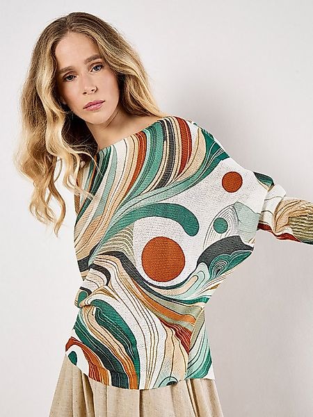 Apricot Blusentop Schimmerndes Stricktop mit Swirl-Print mit Fledermausärme günstig online kaufen