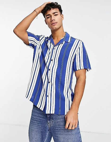 Topman – Gestreiftes Hemd in Blau und Weiß mit Reverskragen-Bunt günstig online kaufen