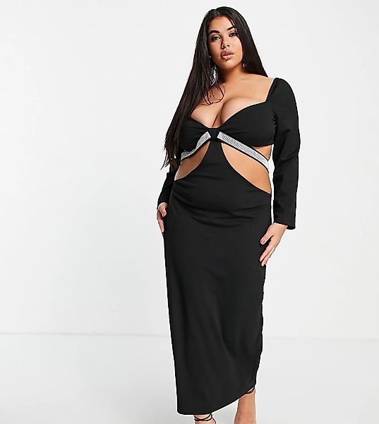 Yaura Plus – Midaxi-Kleid in Schwarz mit Zierausschnitten und Strassdetails günstig online kaufen