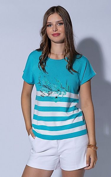 Passioni Strickpullover Kurzarm mit Blätterprint und Streifen günstig online kaufen