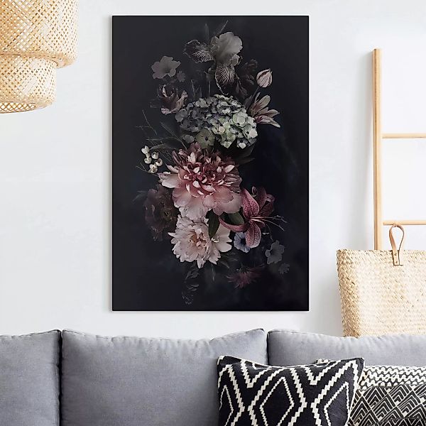 Leinwandbild - Hochformat Blumen mit Nebel auf Schwarz günstig online kaufen