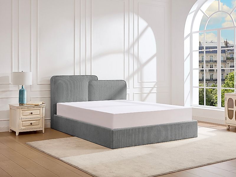 Bett mit Stauraum 160 x 200 cm – Cordvelours – Grau + Matratze – NAYOLA günstig online kaufen