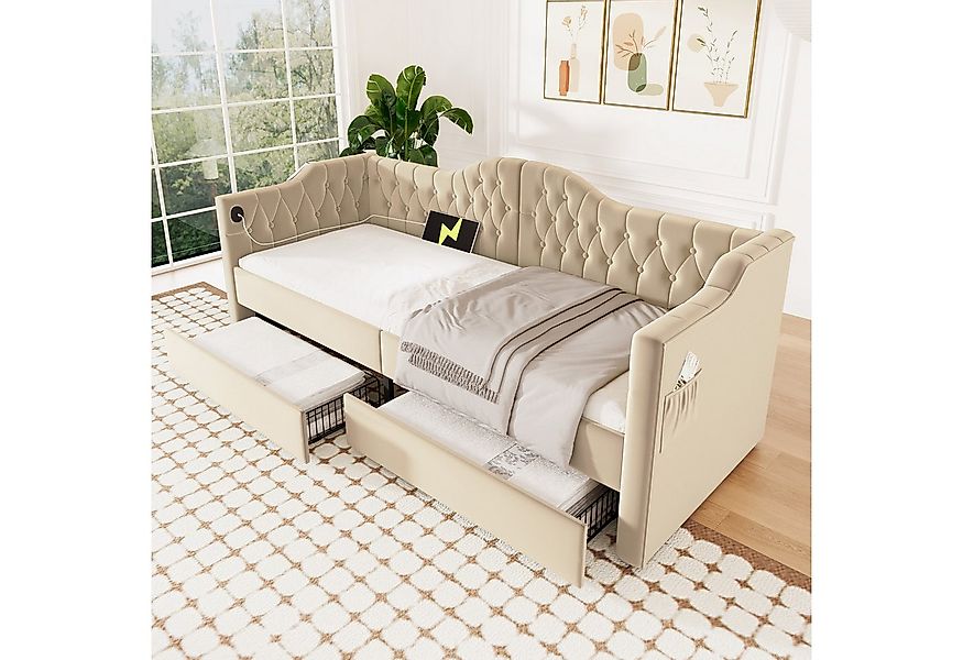 Flieks Daybett, Polsterbett Tagesbett 90x200cm mit Ladefunktion und 2 Schub günstig online kaufen