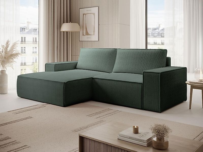 Kleines Ecksofa mit Schlaffunktion - Ecke links - Cord - Tannengrün - AMELI günstig online kaufen