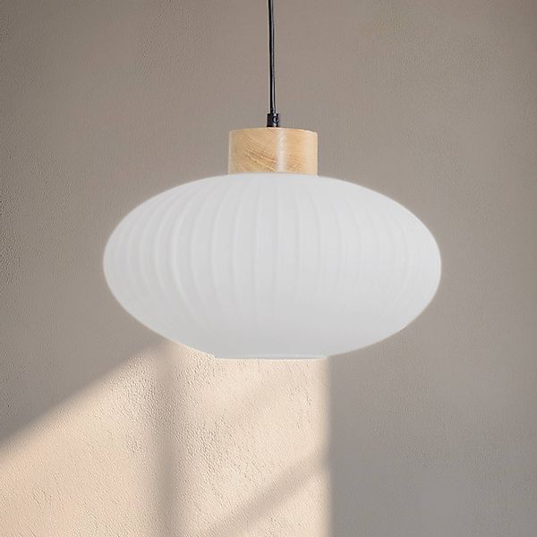 Hängeleuchte Harmony, Ø 25 cm, weiß/eiche, Glas/Holz günstig online kaufen