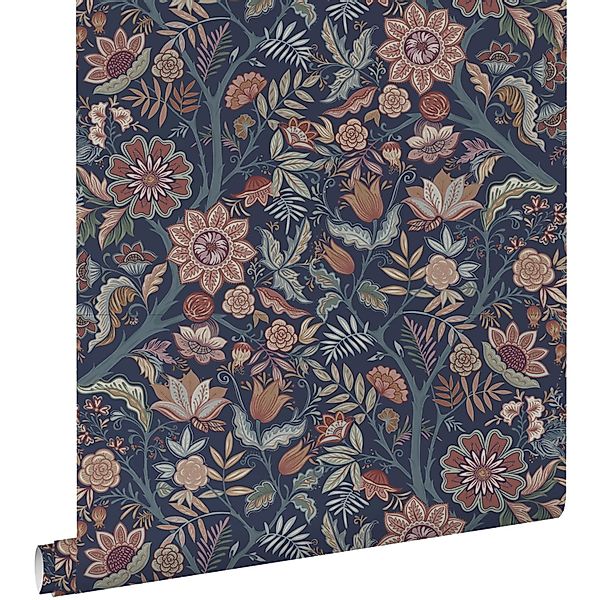 ESTAhome Tapete Blumenmuster Dunkelblau und Terrakottabraun 50 x 900 cm günstig online kaufen