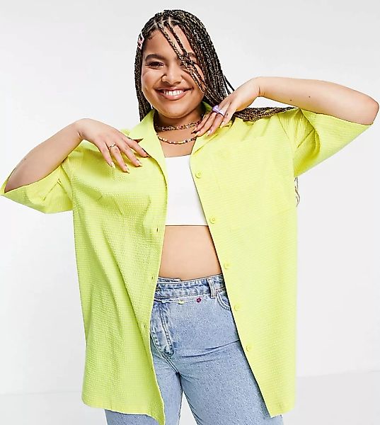 ASOS DESIGN Curve – Seersucker-Hemdjacke in verwaschenem Neongelb günstig online kaufen