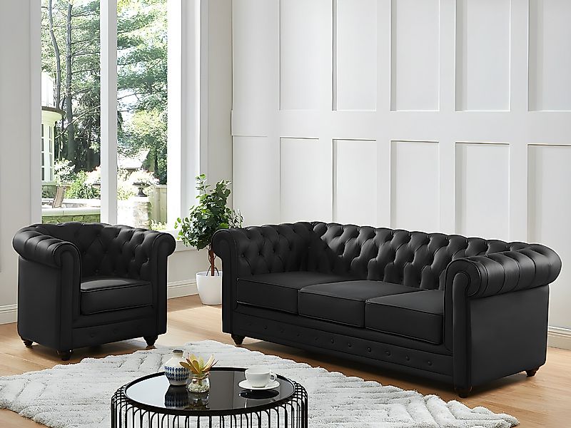 Ledersofa 3-Sitzer + Ledersessel - Büffelleder - Schwarz - CHESTERFIELD günstig online kaufen